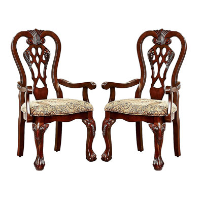 Formal Classic Set Of 2Pc Arm Chairs Dining Room Solid Wood Damask Fabric Seat Intricate Back Ball & Claw Feet