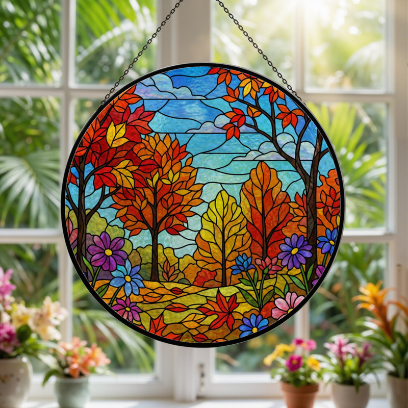 7.8"H Autumn Landscape Stained Glass Window Panel, 7.8" H x 7.8" W
