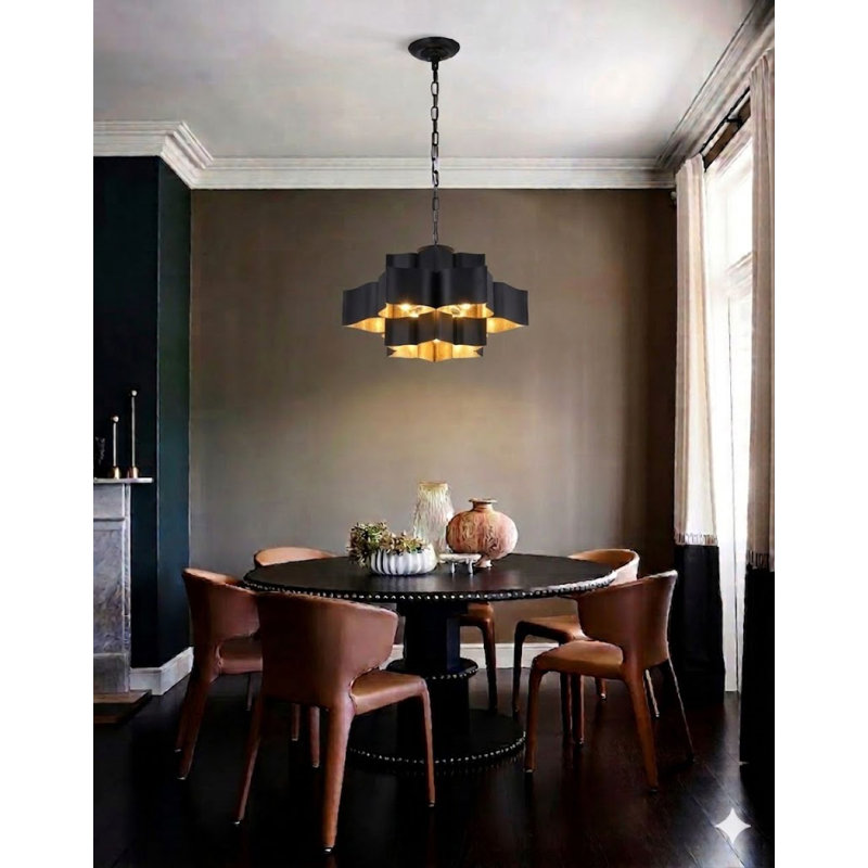 Lustre noir à 12 lumières avec intérieur en feuille d'or, Noir / argent