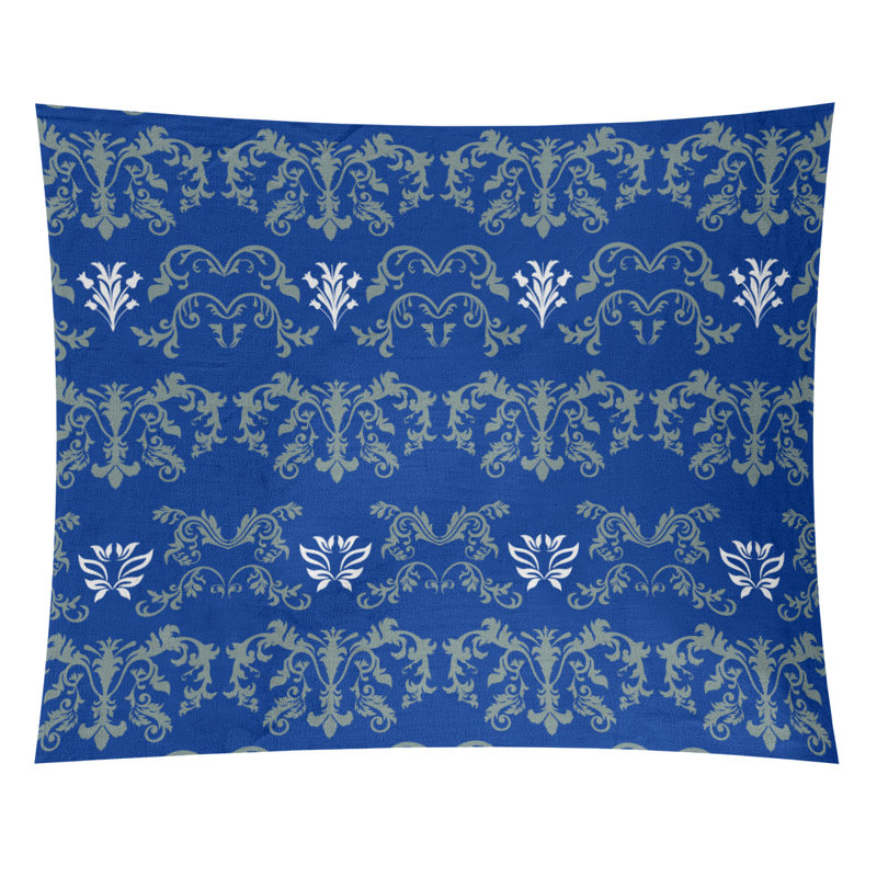 Tapisserie baroque en microfibre Dallas, H 68 po x l 80 po, Bleu foncé / gris / blanc