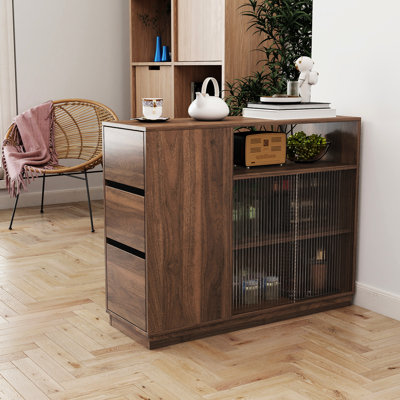 Tabletop Organizer And Sideboard For Kitchen, 2 Glass Sliding Doors, 3 Side Drawers, A Display Shelf, Space - Efficient, 15Mm Particle Board, Walnut Color Small Kitchen With Area, Good Dining Board