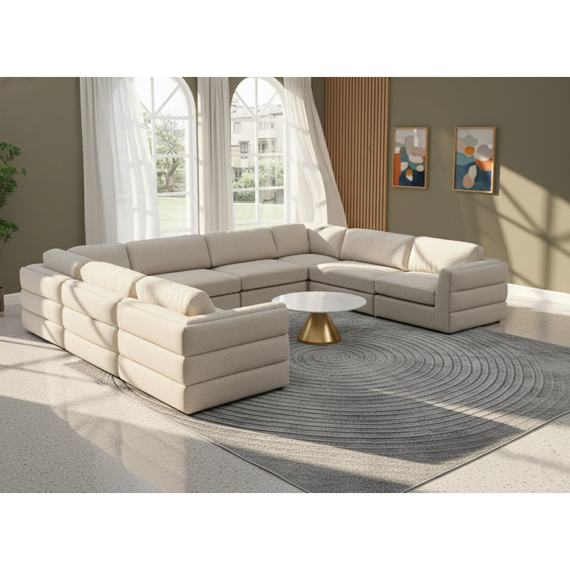 Canapé modulaire de coin avec repose-pieds de 152 po de largeur Howardine, Tissu beige texturé en lin