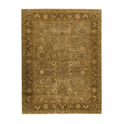 Tapis olive / brun / beige en laine noué à la main de conception unique 13 pi 9 po x 17 pi 11 po