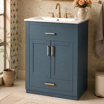 Meuble-lavabo 24 po avec lavabo en céramique intégré, armoire de salle de bain avec 2 portes, 1 tiroir basculant et meuble-lavabo simple pour salle de bain de petite et moyenne taille