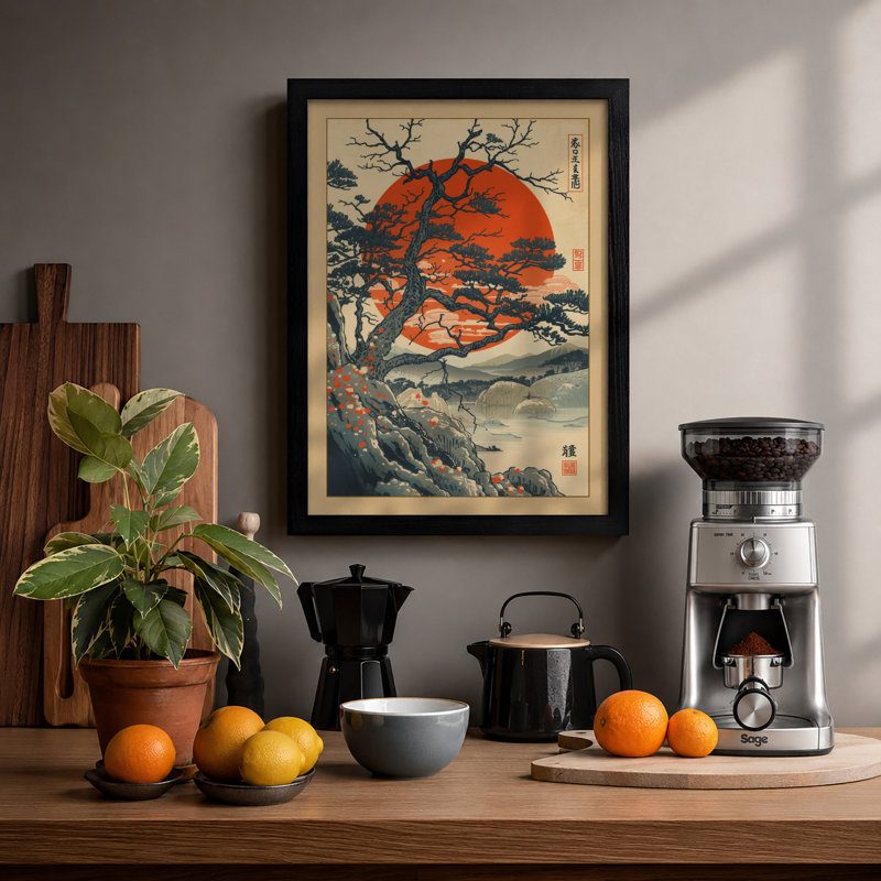 Ancient Tree At Sunrise Japandi - Print, A2 - 59.4 x 42.0 cm, Black