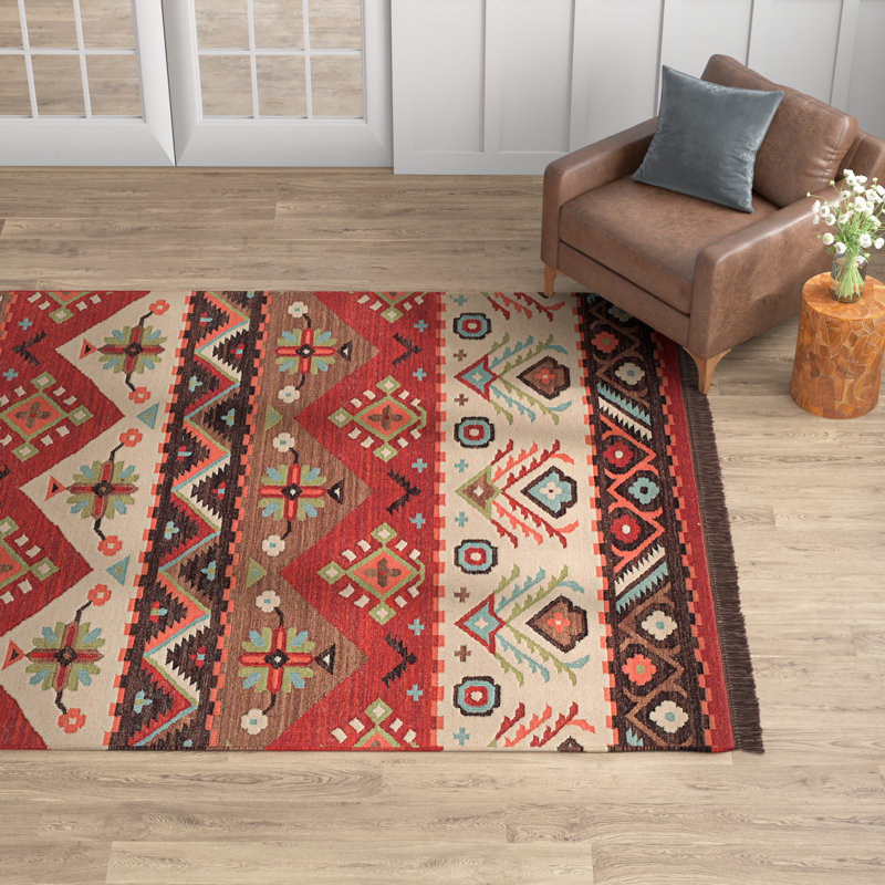 Tapis en laine multicolore tissé à plat de style Sud-Ouest Provincetown, Rectangle 3 pi 6 po x 5 pi 6 po