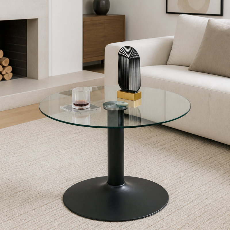 Table basse ronde en verre trempé avec base en métal noir, 27,5 po
