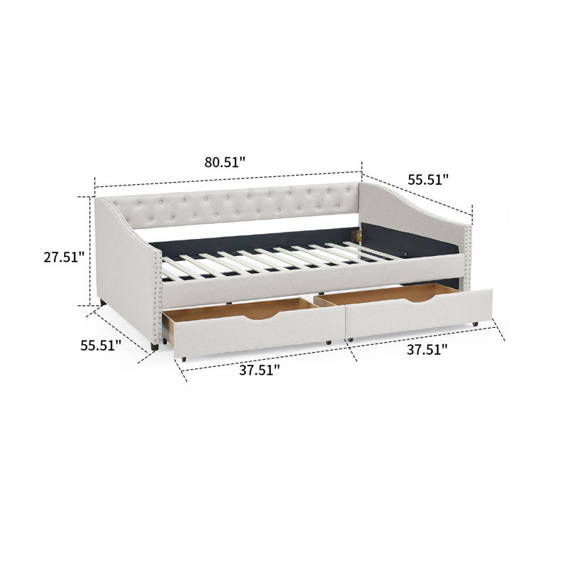 Contemporary Full Size Upholstered Daybed with Tufted Button Accents and Nailhead Trims, Beige