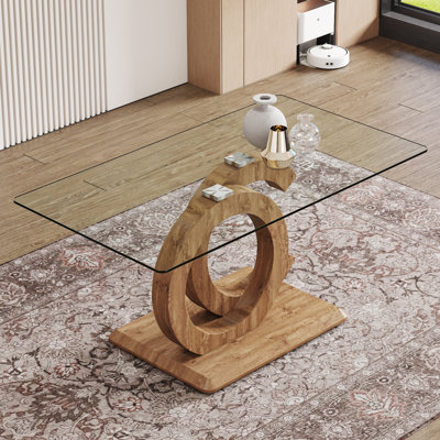 Grande table de salle à manger rectangulaire moderne en verre minimaliste convenant à 6 à 8 personnes avec un plateau en verre trempé de 0,39 po, un support en bois aggloméré couleur bois et une base en métal pour la cuisine