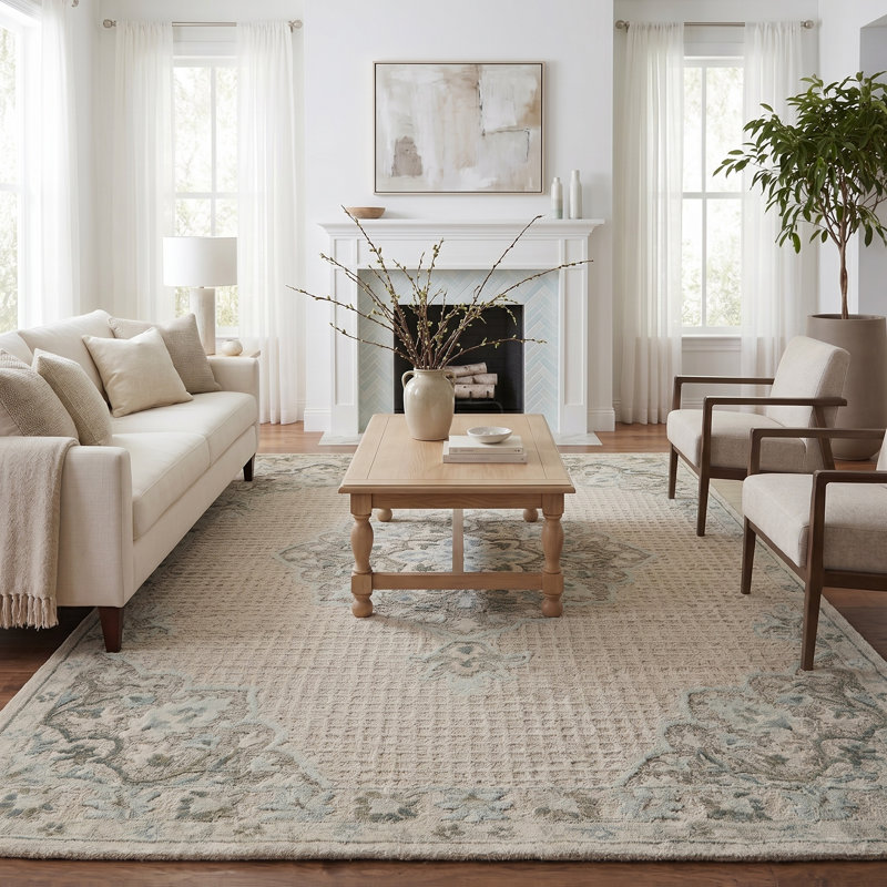 Tapis en laine naturel fait à la main à motif floral rétro semaine / ivoire / bleu clair, Rectangle 7 pi 9 po x 9 pi 9 po