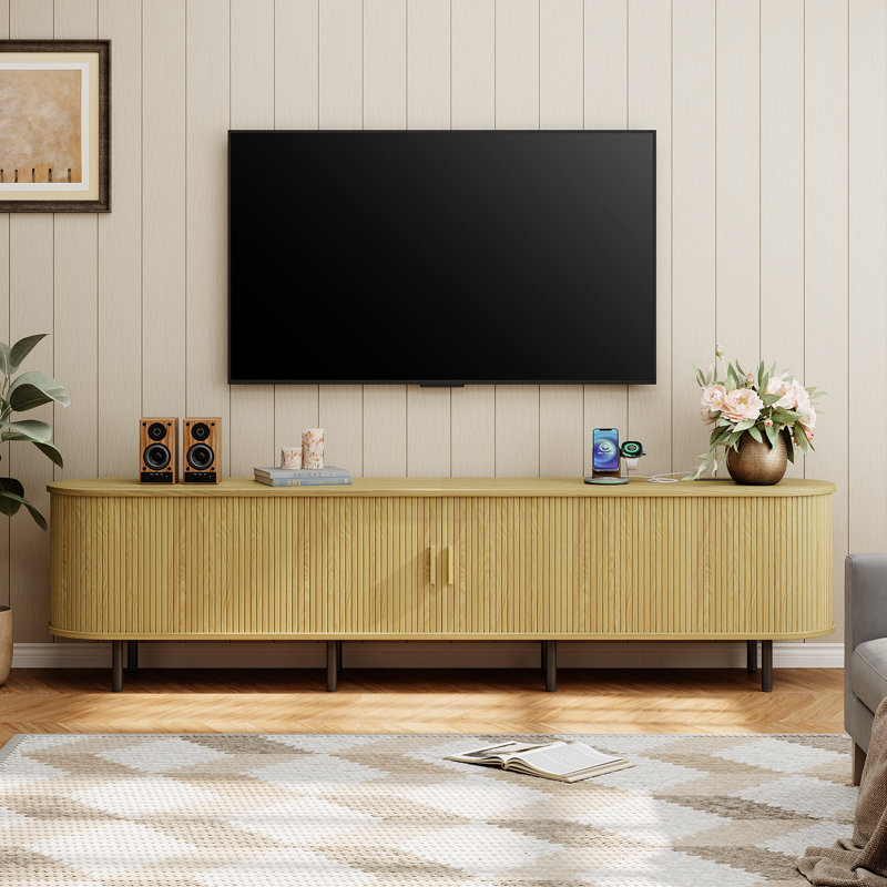 Meuble télé pour téléviseur de 80 po ou moins en bois manufacturé et moderne, 21.7" H x 86.6" W x 15.7" D, Chêne