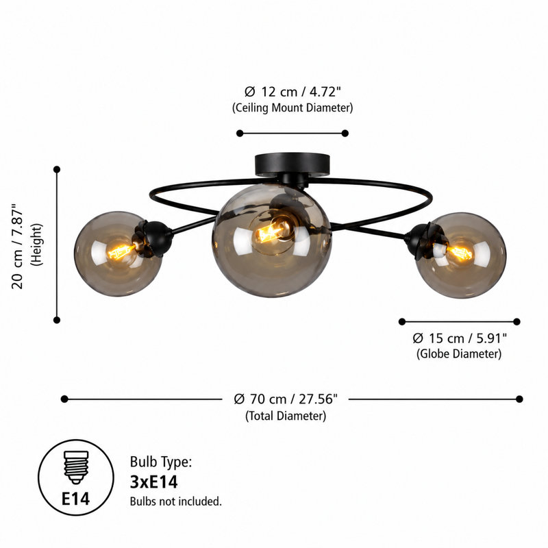 Glass Semi Flush Mount, Colourful, 3 Lights, Grey/Smoky