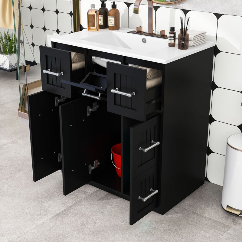 Meuble-lavabo de salle de bain avec lavabo en céramique, tiroirs à fermeture en douceur et armoire de rangement, Noir