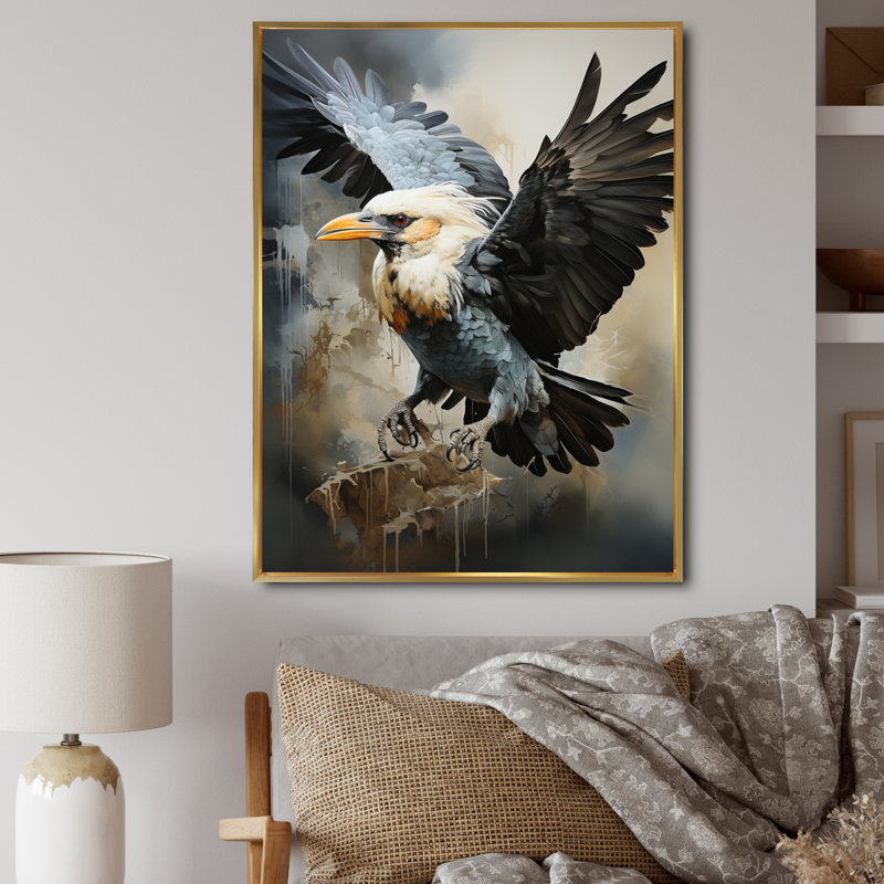 Azima Afrique, vol de calao sur toile, H 32 po x l 16 po x P 1 po, Cadre flottant doré