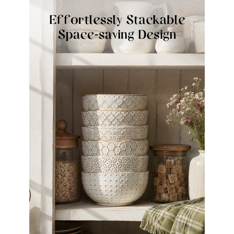  6" Embossed Soup Bowl Set - 6-Piece Artisan Stoneware