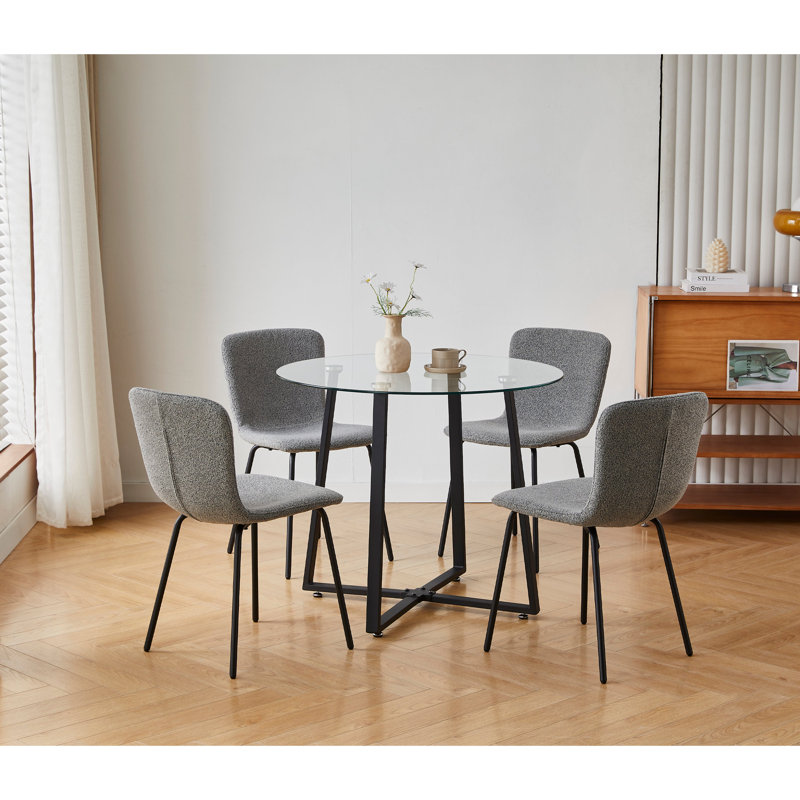 Ensemble de table ronde en verre trempé 35,4 po avec 4 chaises rembourrées en tissu pour la cuisine, la salle à manger et le salon