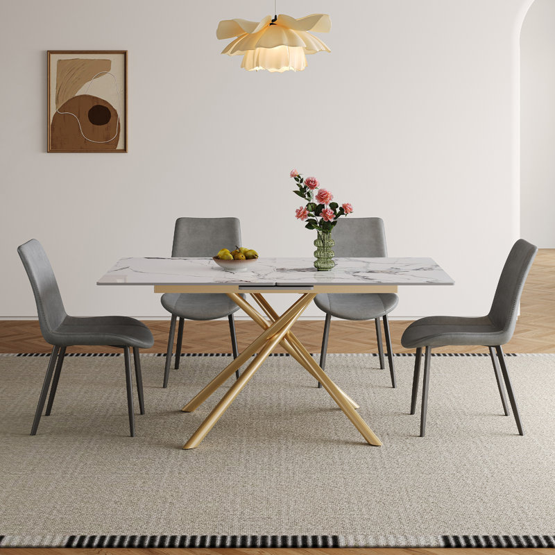 Table de salle à manger extensible avec rallonge rétractable et 4 chaises et table, 5 pièces: table, 4 chaises, Doré