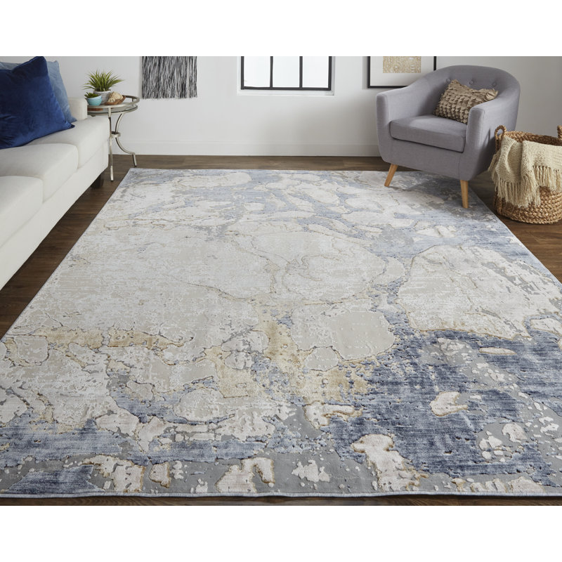Tapis argent / gris / bleu en laine Zarke, Rectangulaire 3 pi x 5 pi