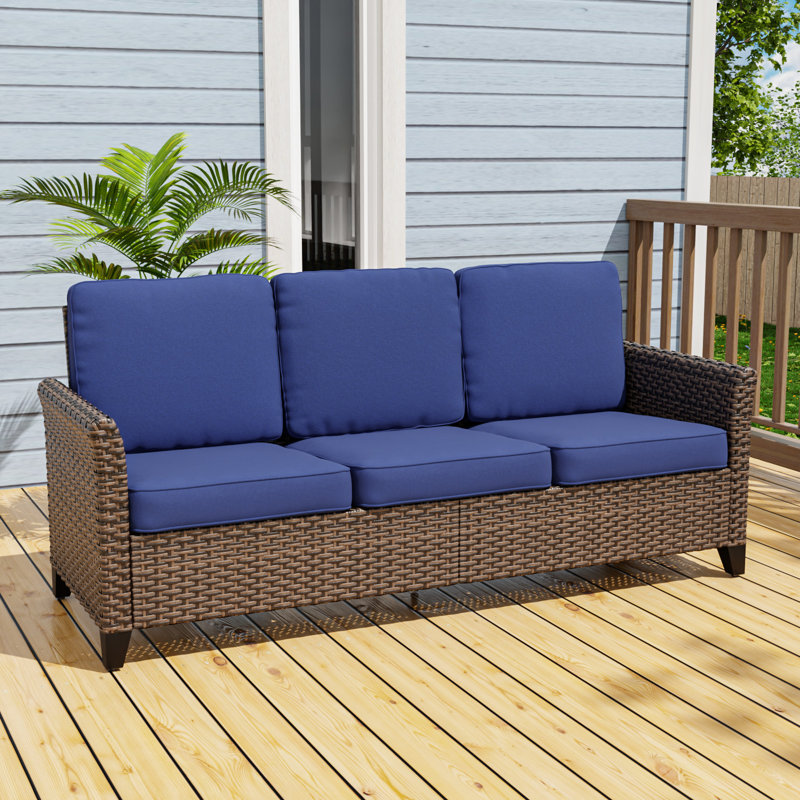 Mix Brown Rattan Wicker Patio Outdoor Spacious 3-Seat Sofa with Curved Armrest, Blue