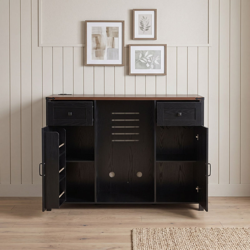 Mini armoire de réfrigérateur avec prise de courant, 2 tiroirs, tablettes réglables, supports à verres à vin et portes cannelées