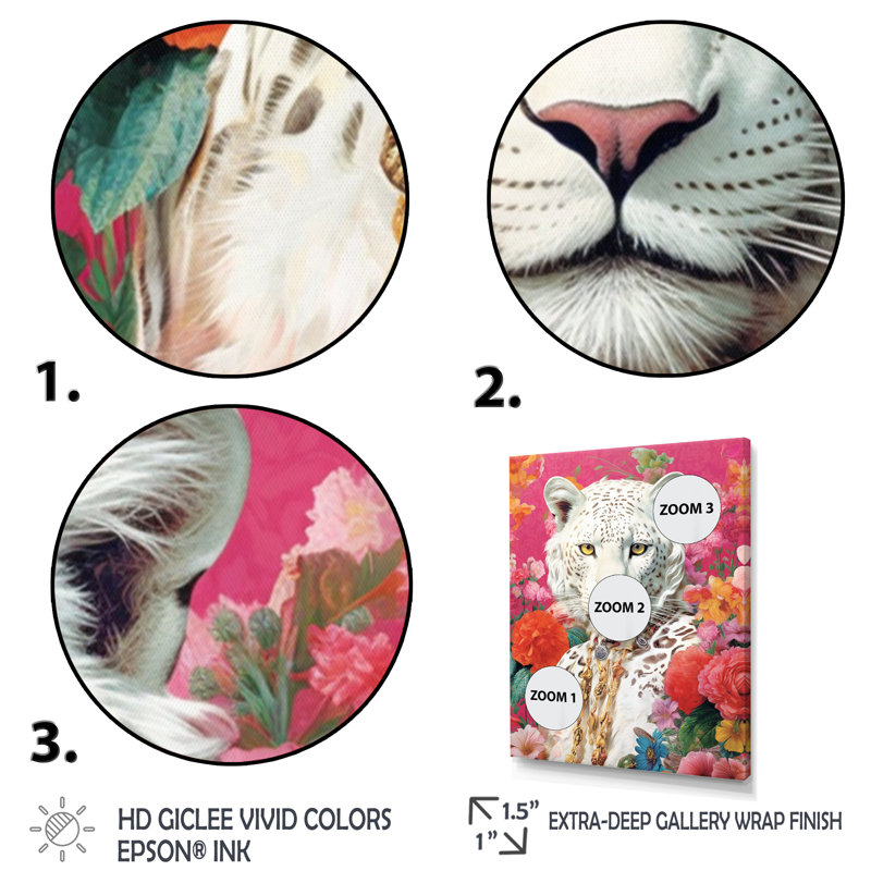 «White Tiger Floral Mix II», reproduction sur toile, H 32 po x l 24 po x P 1 po, Cadre doré à une seule photo