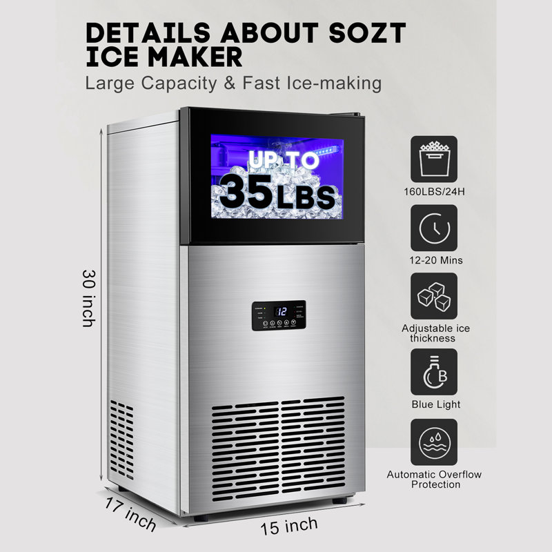 160 Lb. Daily Production Stainless Steel Undercounter/Freestanding Ice Maker With Clear Cube Ice, Silver