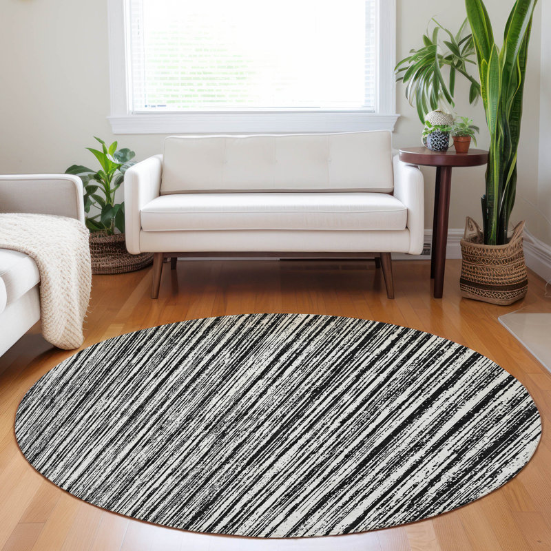 Premium Machine Washable Prisco Black Rug, Round 8'