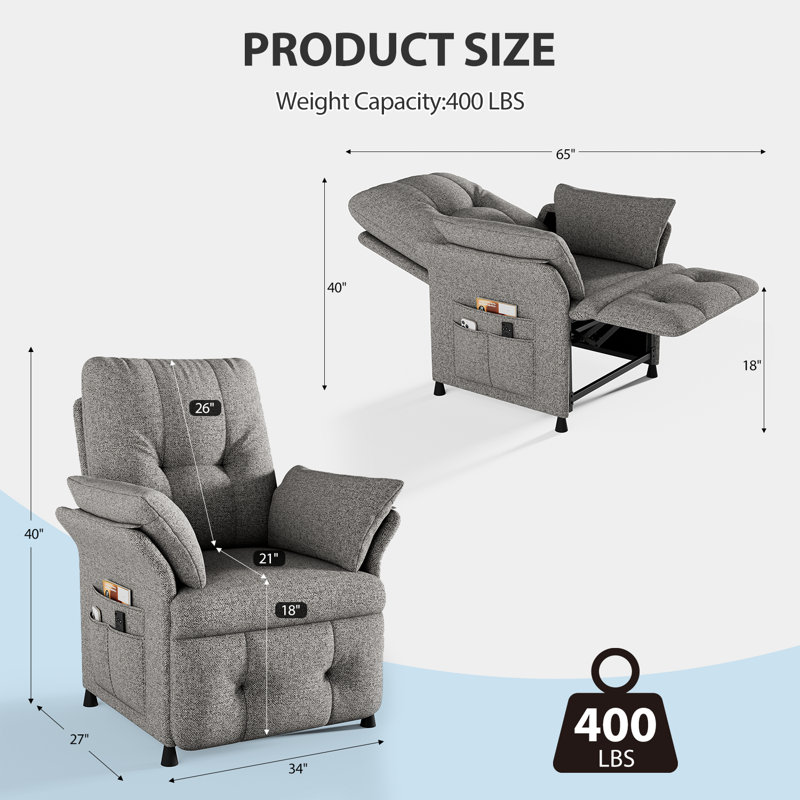 Fauteuil inclinable électrique réglable de 34 po de largeur moderne et rembourré manuel (ensemble de 2), Gris clair