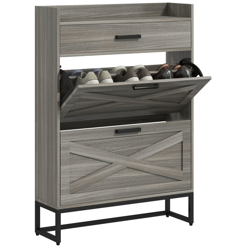 Narrow Shoe Cabinet With 2 Flip Doors And Top Drawer, Gray