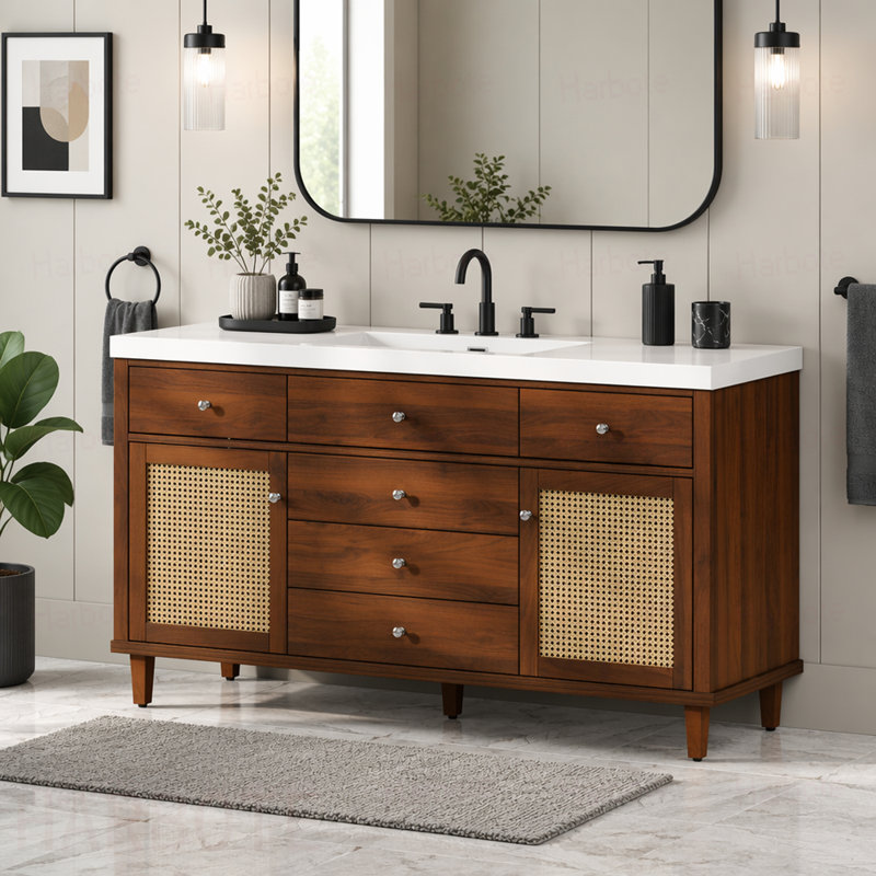 Meuble-lavabo de salle de bain avec lavabo SMC, grande armoire de rangement moderne avec tiroirs à fermeture en douceur et portes en rotin, boutons en métal argenté et 5 pieds en pin,