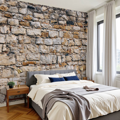 Peel and Stick Wallpaper 144" W x 100" H Modern Self Adhesive Wall Mural for Bedroom Stone Wall Texture Ancient Cobblestone Old Ruin Fort