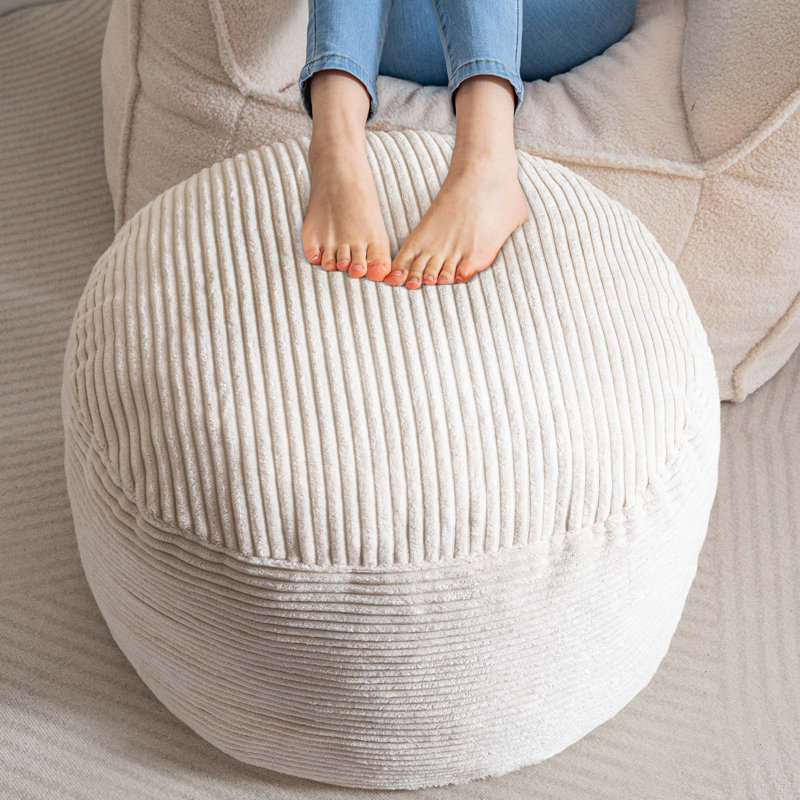 Round Corduroy Pouf Ottoman, Beige Corduroy, 20"