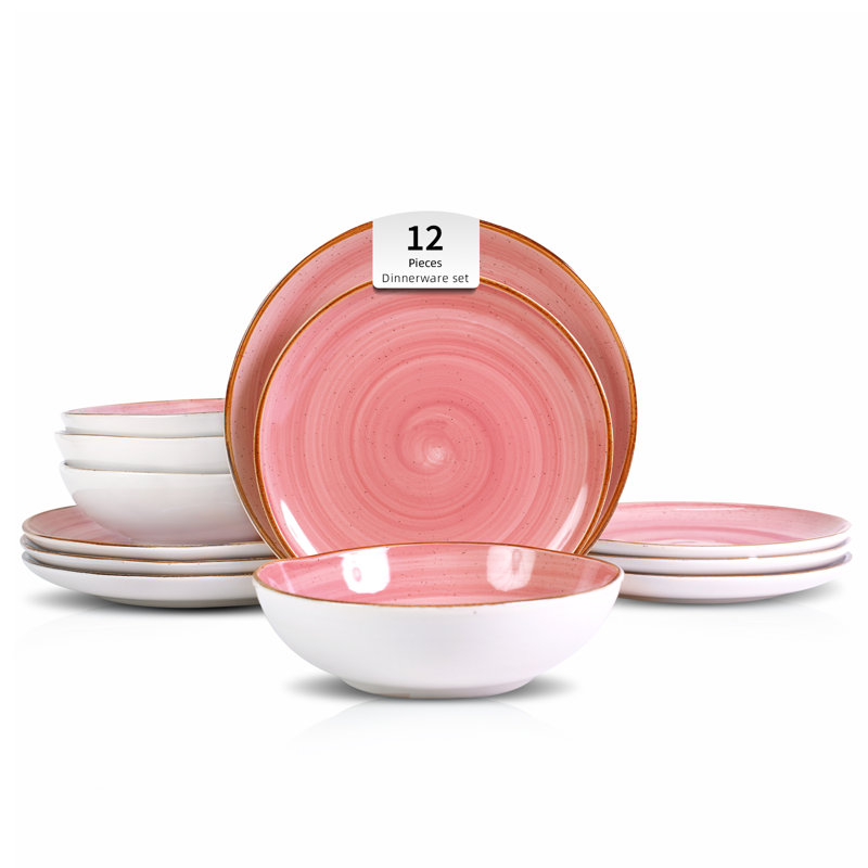 Service de table 12 pièces en grès HomeVSS Highland Organic Shape, pour 4 personnes, Tourbillon rose