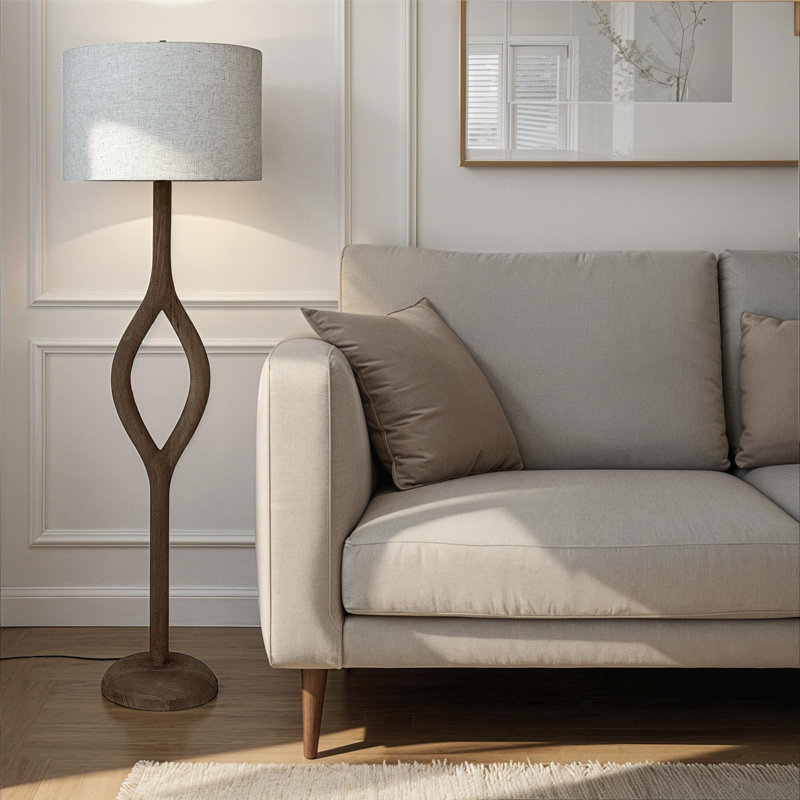 Lampe sur pied en bois de manguier avec base en forme de losange ouverte, abat-jour en coton et interrupteur en ligne