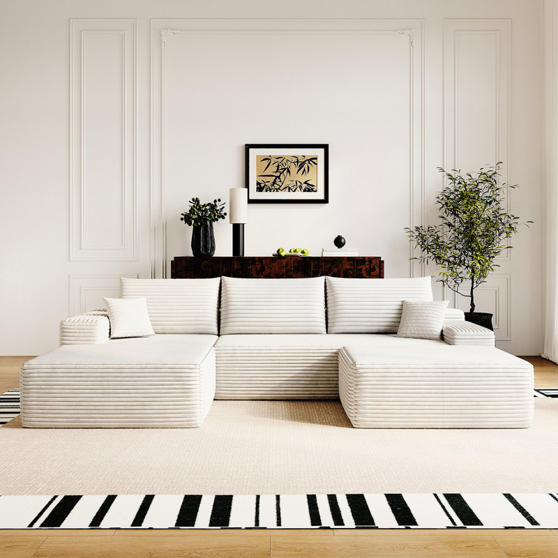 Canapé modulaire blanc moderne à 4 places avec canapé de coin profond de 107 po, velours côtelé, sans assemblage, siège confortable pour la maison, design, fauteuil confortable