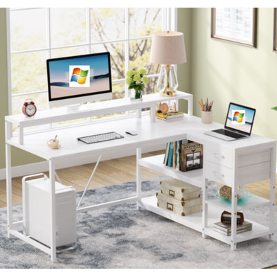 17 Stories 55-Inch L-Shaped Home Office Desk with Monitor Riser, Drawers, and Storage Shelves, Corner Computer Desk for Small Spaces, Farmhouse Writing Table