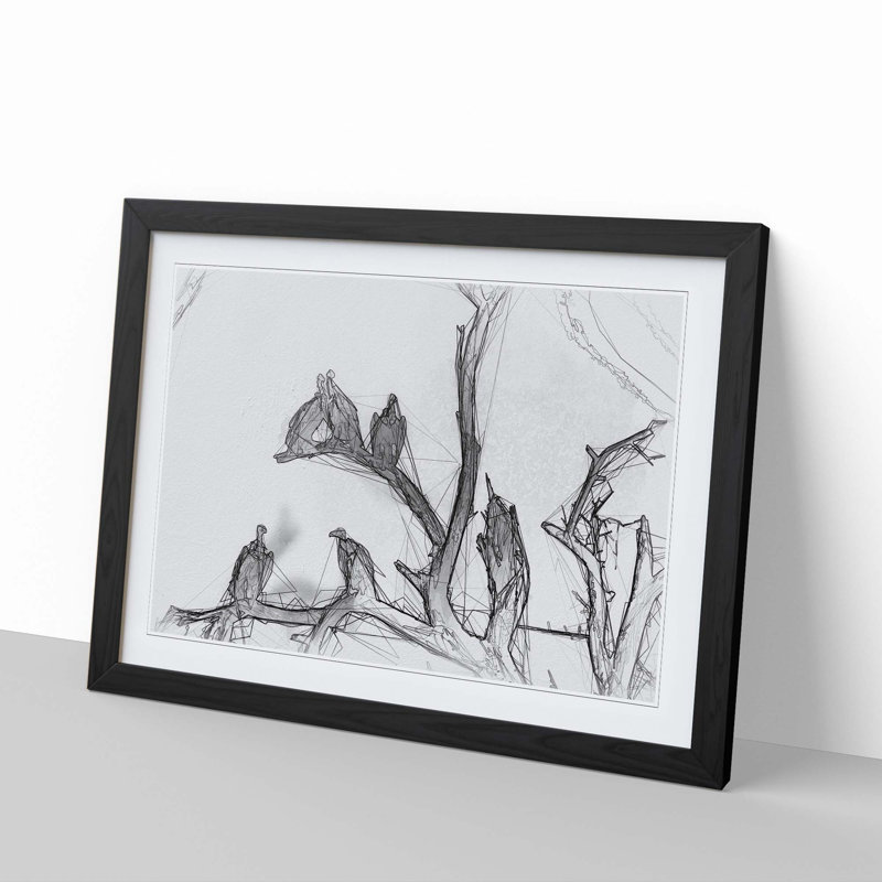 Vultures on a Tree in Abstract - Picture Frame Graphic Art Print, 60cm H x 91cm W x 2cm D, Black