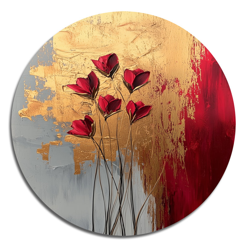 Fleurs roses et dorées, forme pure de marbre I - coquelicot rond, art mural en métal, H 36 po x l 36 po