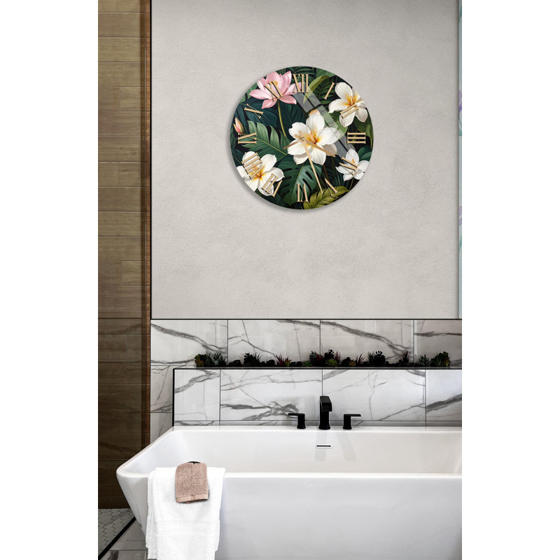 Horloge murale florale en verre trempé, fleurs blanches et roses, horloge thème tropical, décor élégant, horloge murale