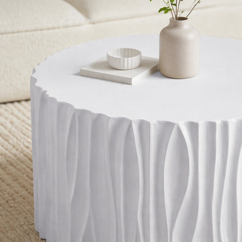 Table basse d'extérieur blanche moderne avec motif cannelé ondulé - ronde de 26,77 po, H 14,76 po, matériau MGO, capacité de 66 lb, sans assemblage pour patio, jardin ou balcon