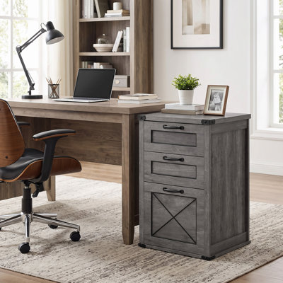 18.2''W Farmhouse Barn Door 3-Drawer File Cabinet with Adjustable File Rail, Gray