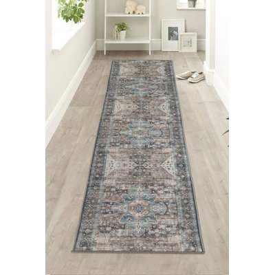 Anti-Slip Low Profile Distressed Oriental Blue Carpet Runner Rug