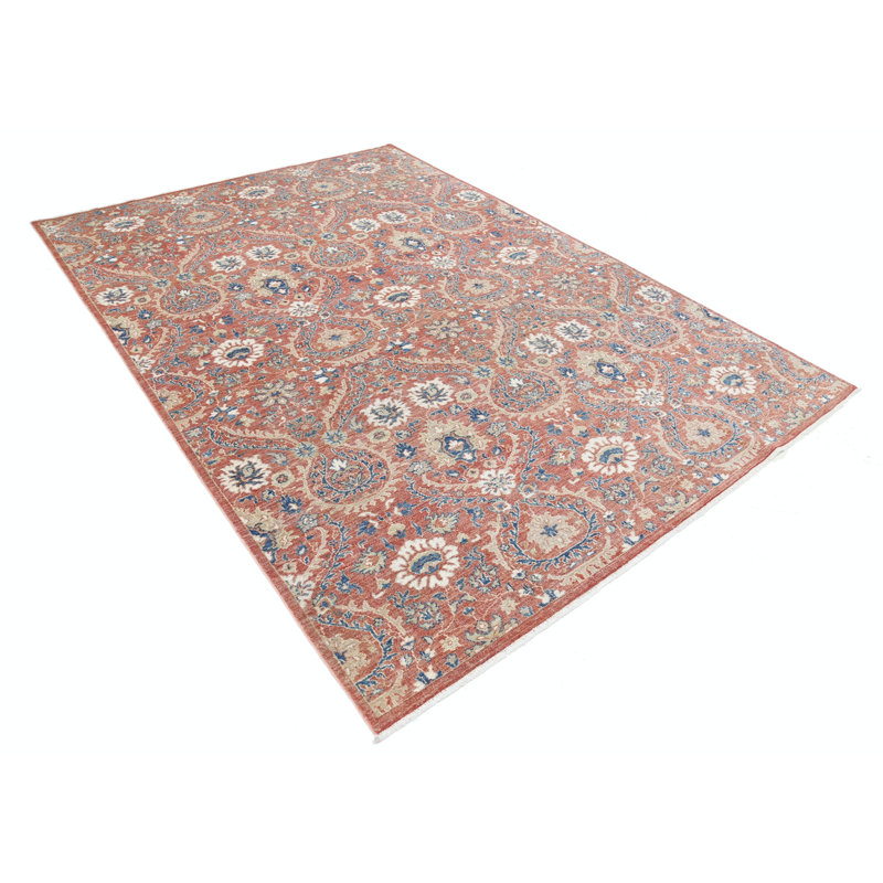 Tapis rouge / bleu marine / beige en laine noué à la main 6,6 x 9,6 pi