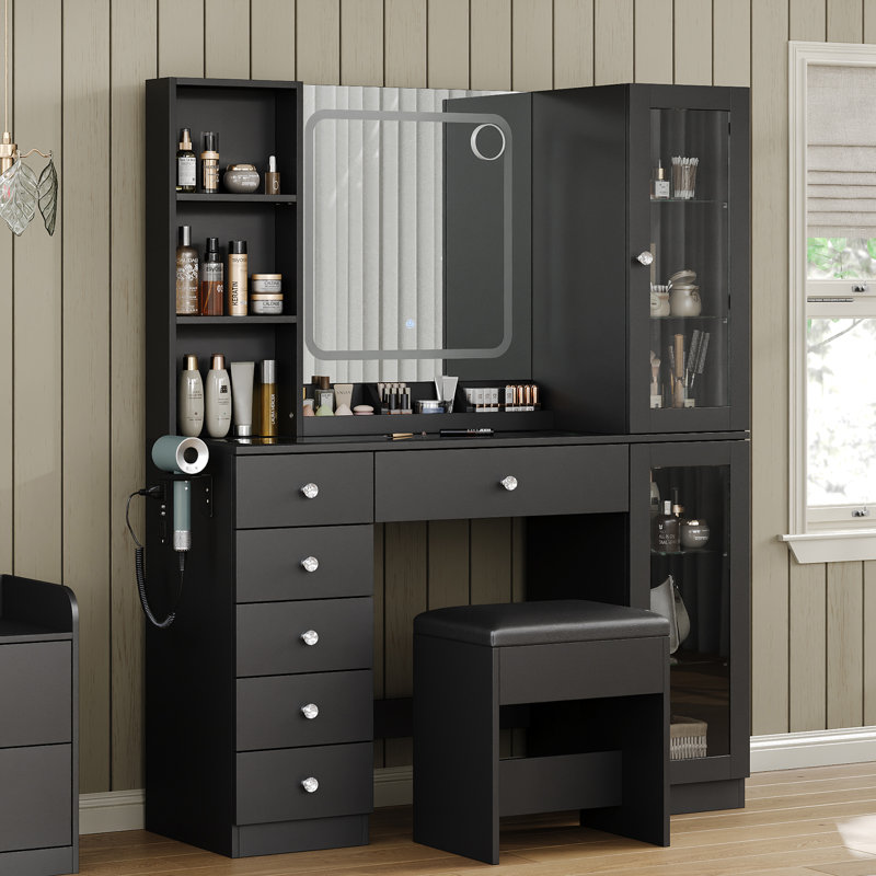 Dressing Table with LED Mirror, 6 Drawers, 2 Cabinets and 3 Open Shelves, Power Outlet, Glass Top, Black