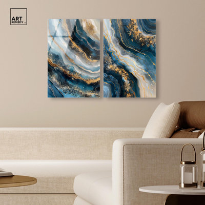 Navy Glist Diptych Acrylic Print Sage Gold Wall Art Set by Art Remedy, Ready to Hang, 24 x 36