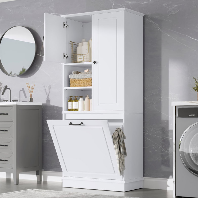 Tall Storage Cabinet With Adjustable Shelves, Large Flip-Out Basket & Enclosed Cabinets – Perfect For Bathroom, Living Room, Or Office, MDF Material With Aluminum Alloy Handles