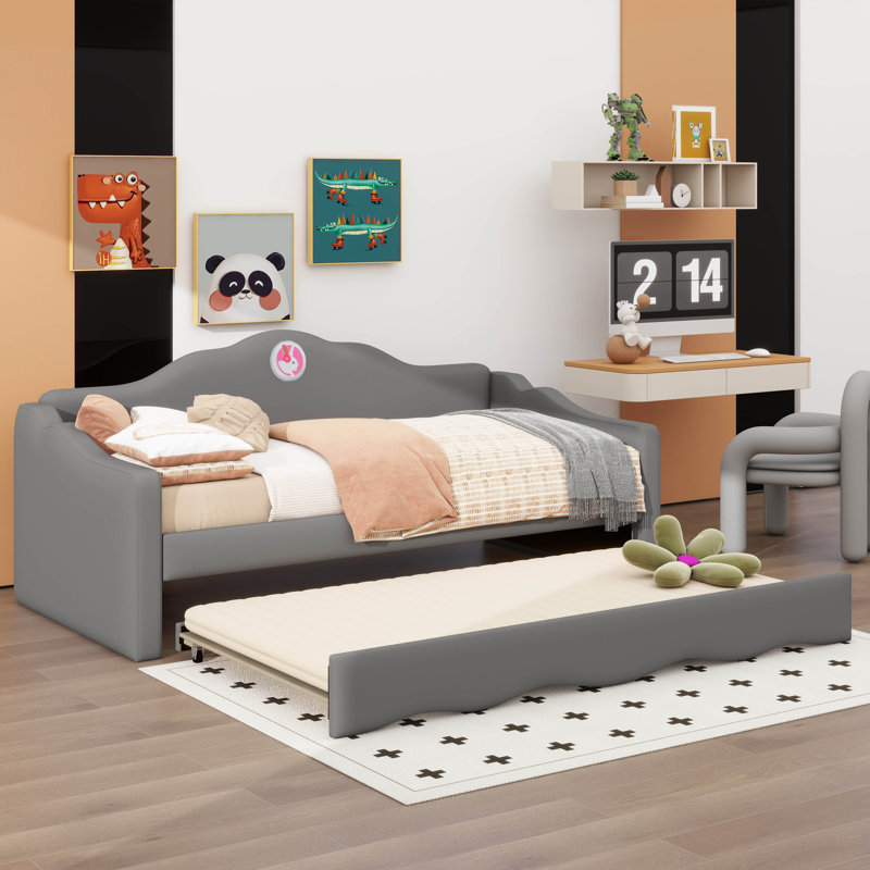 Twin Size Velvet Daybed With Wave-shaped Trundle, Upholstered Pull Out Sofa Bed Couch Frame, No Box Spring And Mattress, Gray