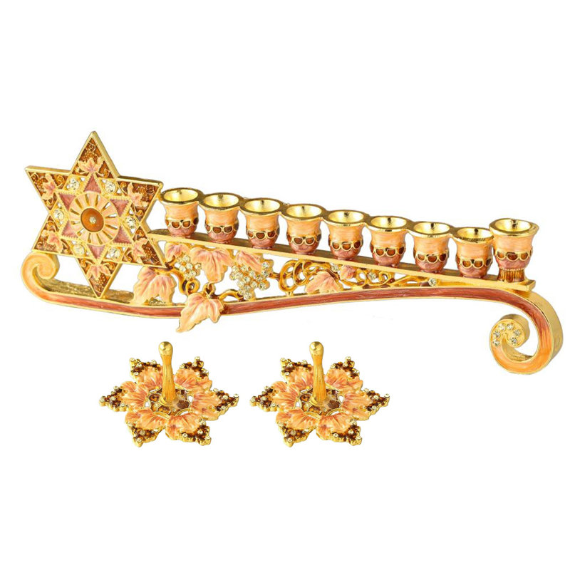  Ensemble de célébration des Fêtes - candélabre en émail peint à la main Menorah avec étoile de David et 2 qté de Dreidels tournés à la main Hanoukka