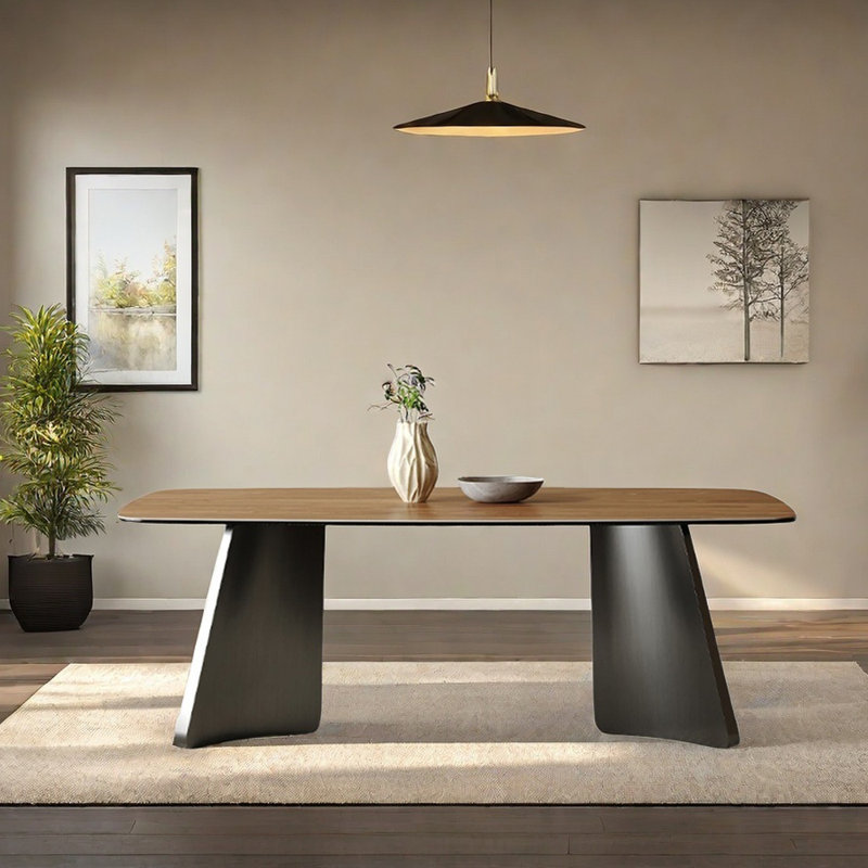 Modern Simple Rock Slab Metal Dining Table, 29.52"H x 86.61"L x 39.37"W