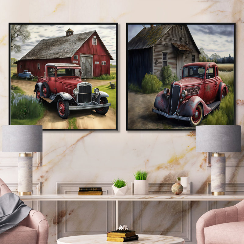 30S Ford Car In Barn I - Vintage Car Square Collage Set of 2, Cadre flottant noir, H 36 po x l 73 po